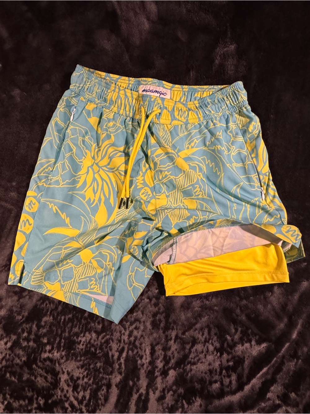 Mosaic Blue & Yellow Floral Athletic Shorts with Inner Liner